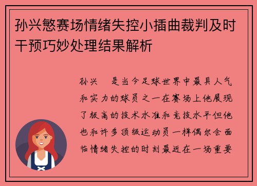 孙兴慜赛场情绪失控小插曲裁判及时干预巧妙处理结果解析